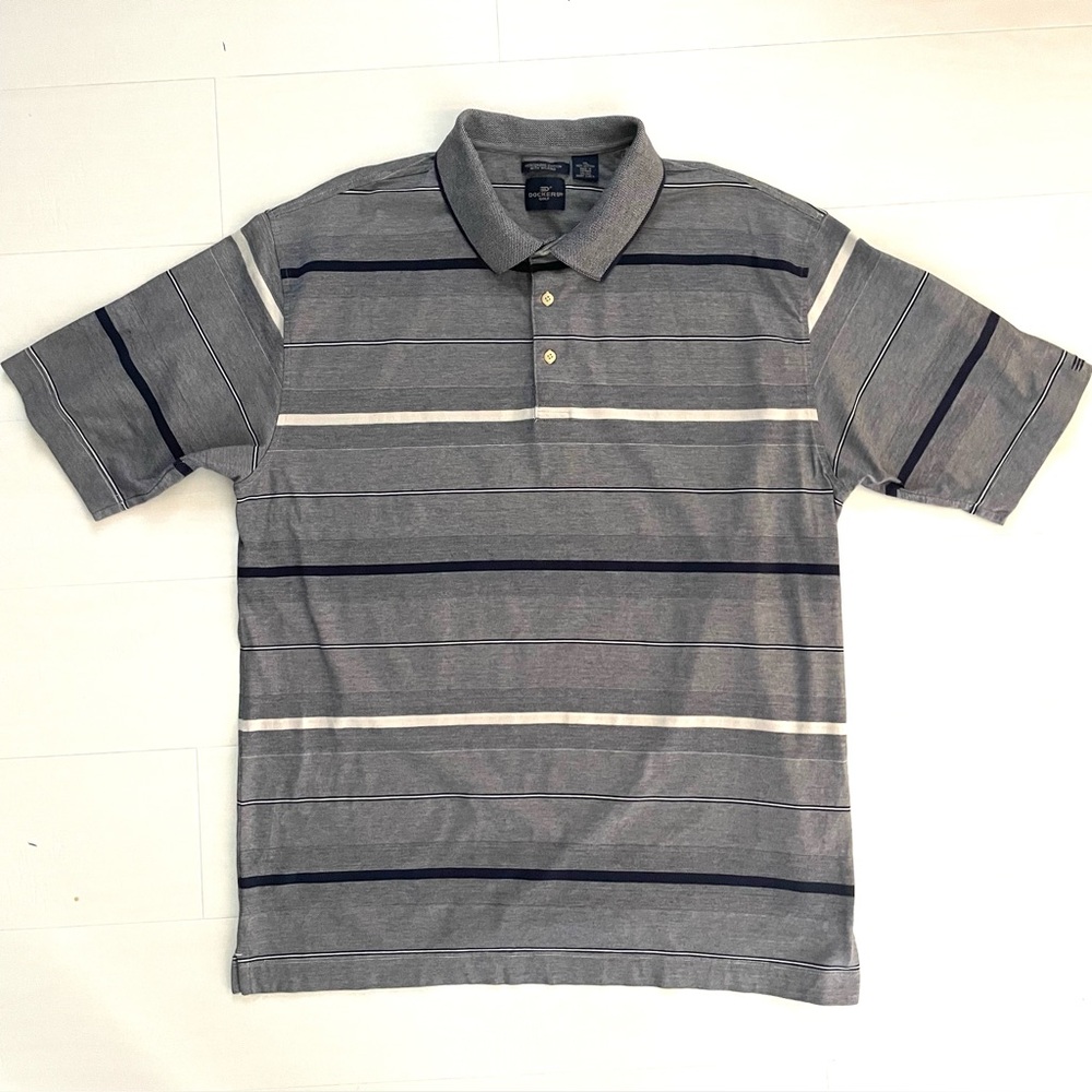 Dockers Men's Gray Polo Shirt with Navy and White Stripes Mercerized Cotton XL